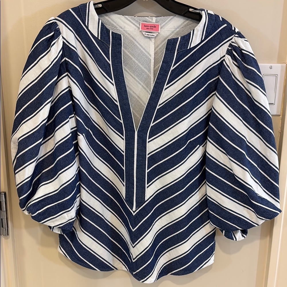 Kate Spade Blue and White Striped Blouse with Balloon Sleeves